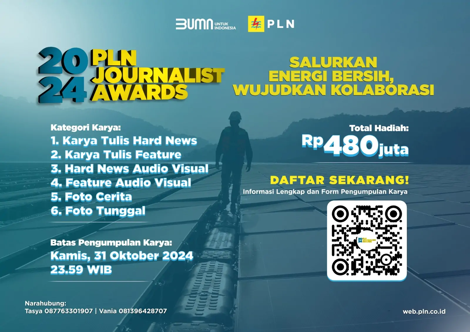 PT PLN (Persero) mengajak para insan Jurnalis untuk dapat berpartisipasi dalam ajang PLN Journalist Award (PJA) 2024. Mengusung tema "Salurkan Energi Bersih, Wujudkan Kolaborasi", periode pendaftaran PJA 2024 akan ditutup pada 31 Oktober 2024.