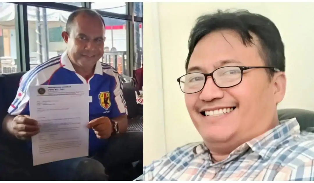 Ketua PENA NTT Bali, Agustinus Apolonaris KD, memperlihatkan surat Somasi (kiri) dan Sekretaris SMSI Bali, I Gusti Ngurah Dibia (kanan). Foto//dokumen PENA NTT.