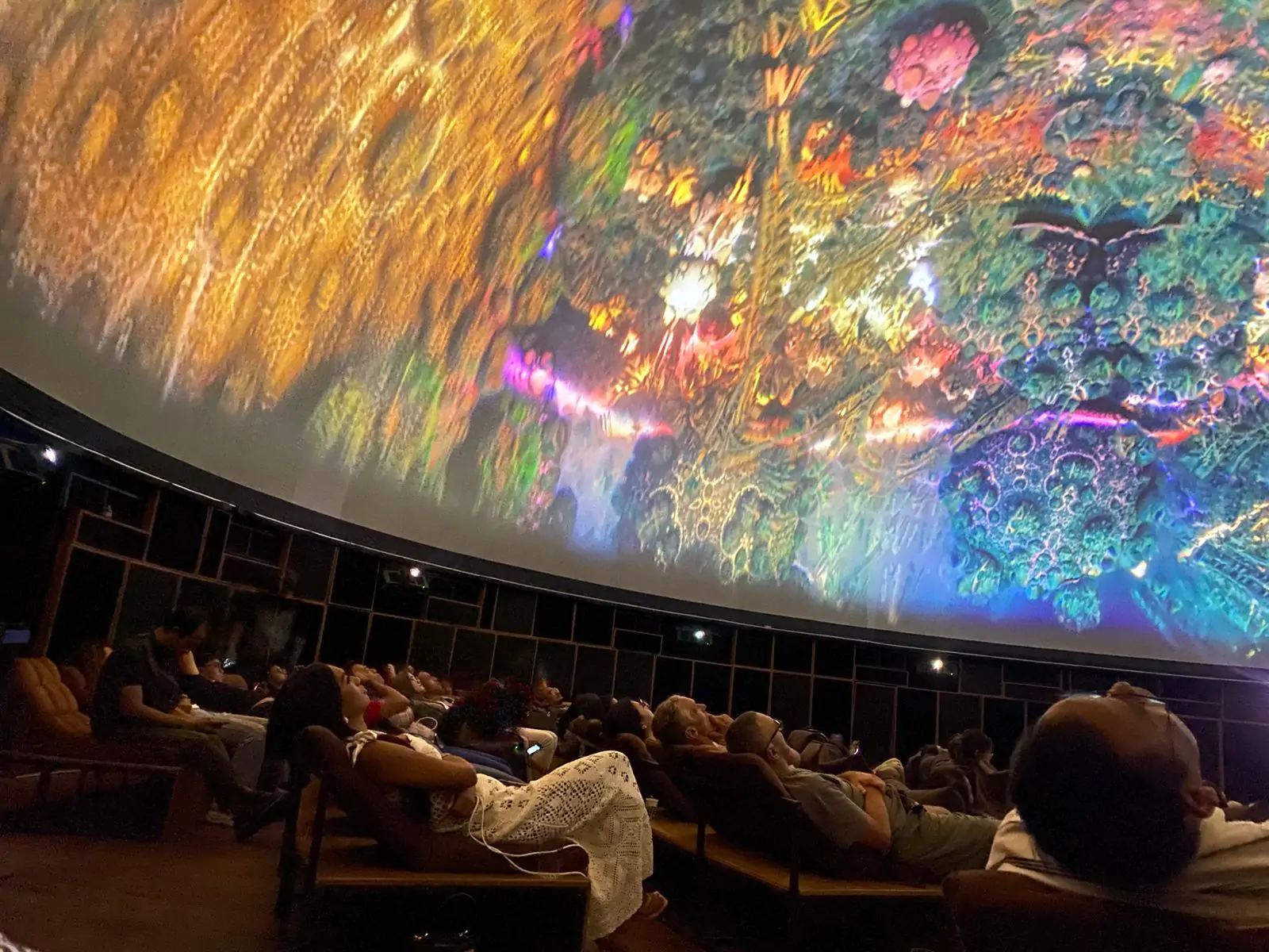 Penonton yang sedang menonton Recombination, karya terbaru seniman fractal terkenal Julius Horsthuis, menawarkan pengalaman 360° yang membuat penonton merasa tersedot masuk ke dalam visual fractal yang rumit tapi memukau.