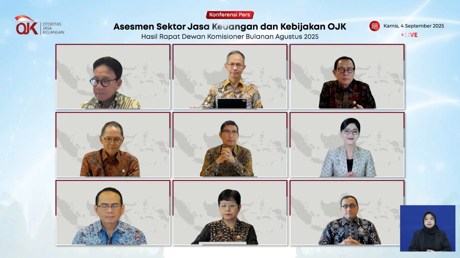 Rapat Dewan Komisioner Bulanan Otoritas Jasa Keuangan (OJK) yang diselenggarakan pada 27 Agustus 2025 secara online.