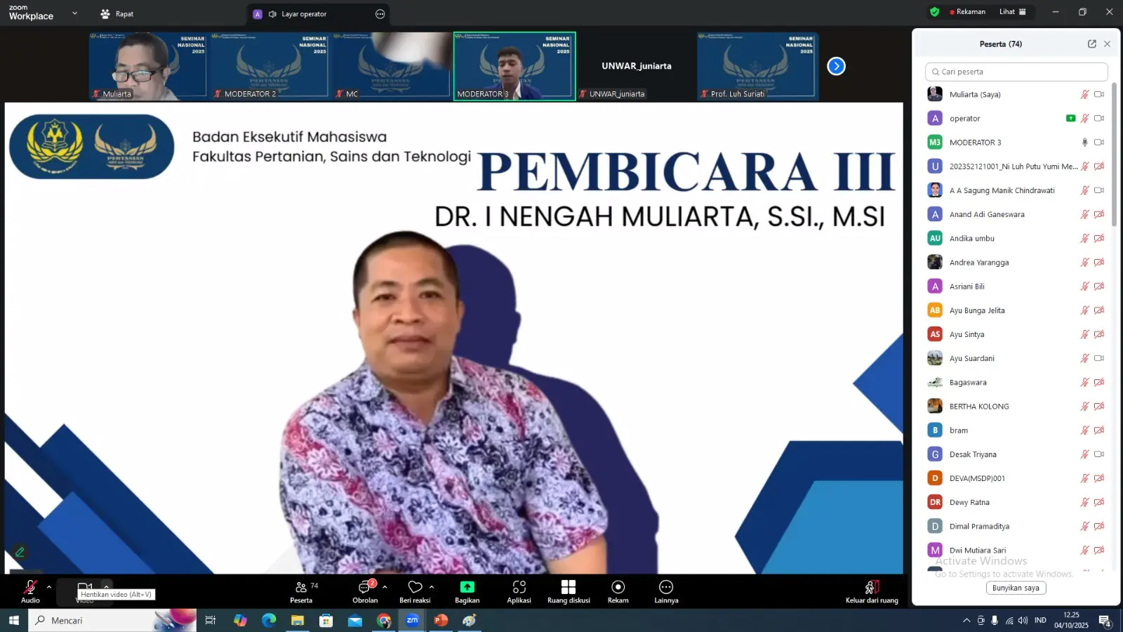 Seminar nasional bertajuk “Inovasi Teknologi Pertanian Berbasis Kearifan Lokal Untuk Mendukung Ketahanan Pangan yang Berkelanjutan” yang digelar Badan Eksekutif Mahasiswa FPST-Unwar secara daring, Sabtu (4/10/2025).